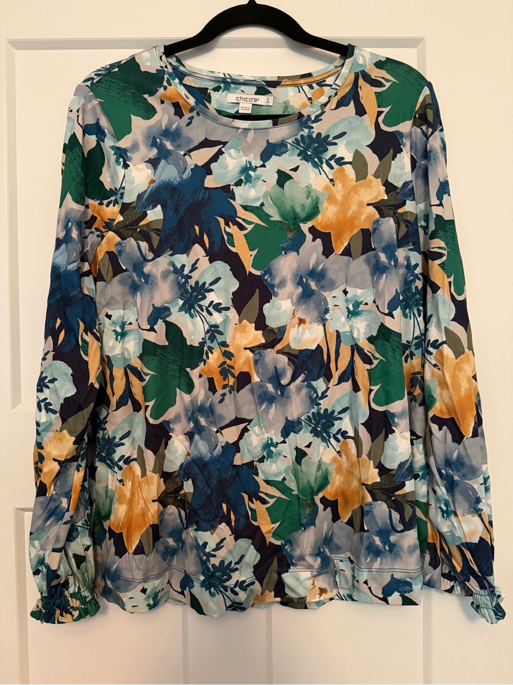 Chico's Floral Long-Sleeve Crew Neck Top